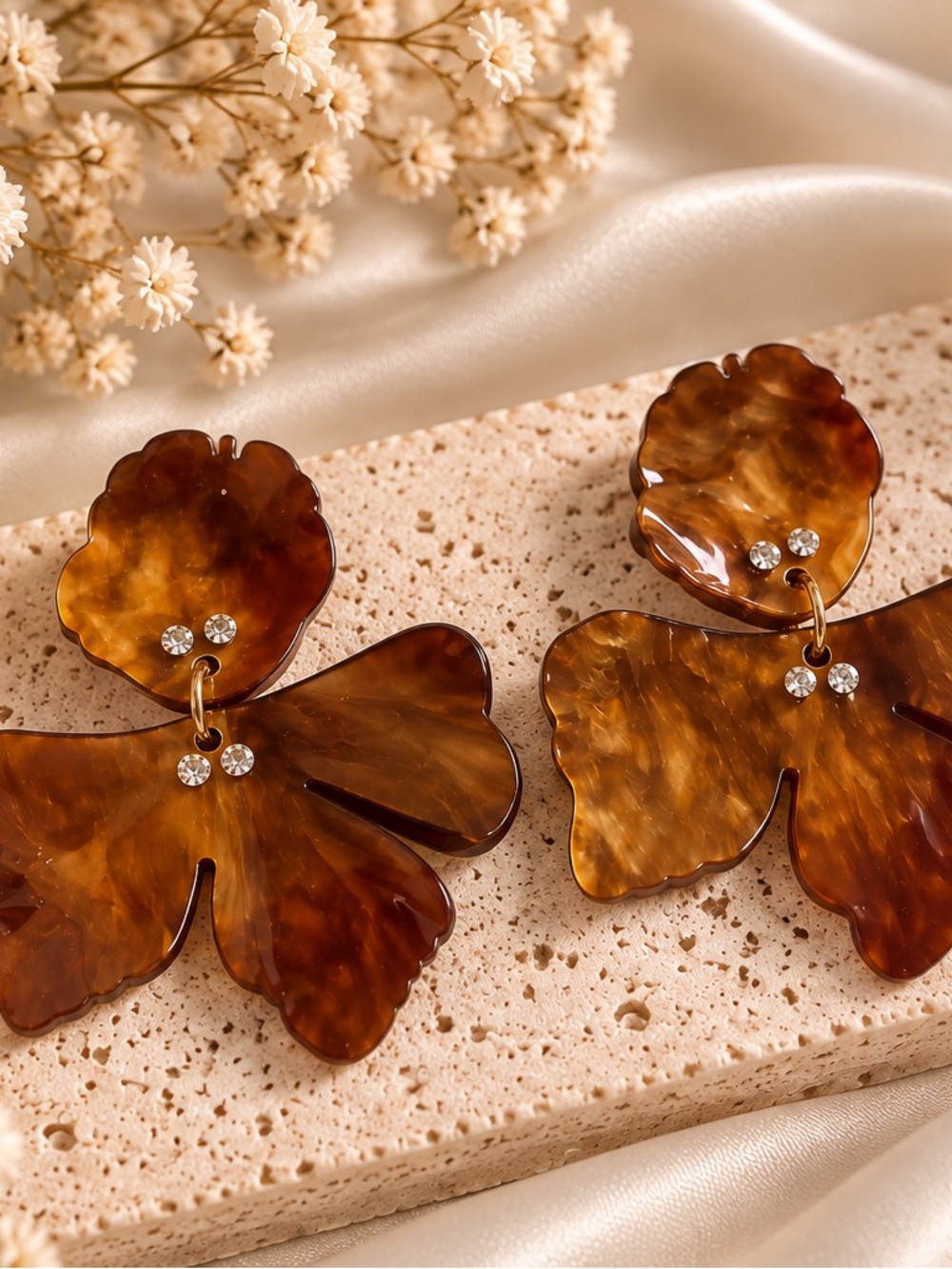 Tortoiseshell Resin Floral Drop Earrings - Brown